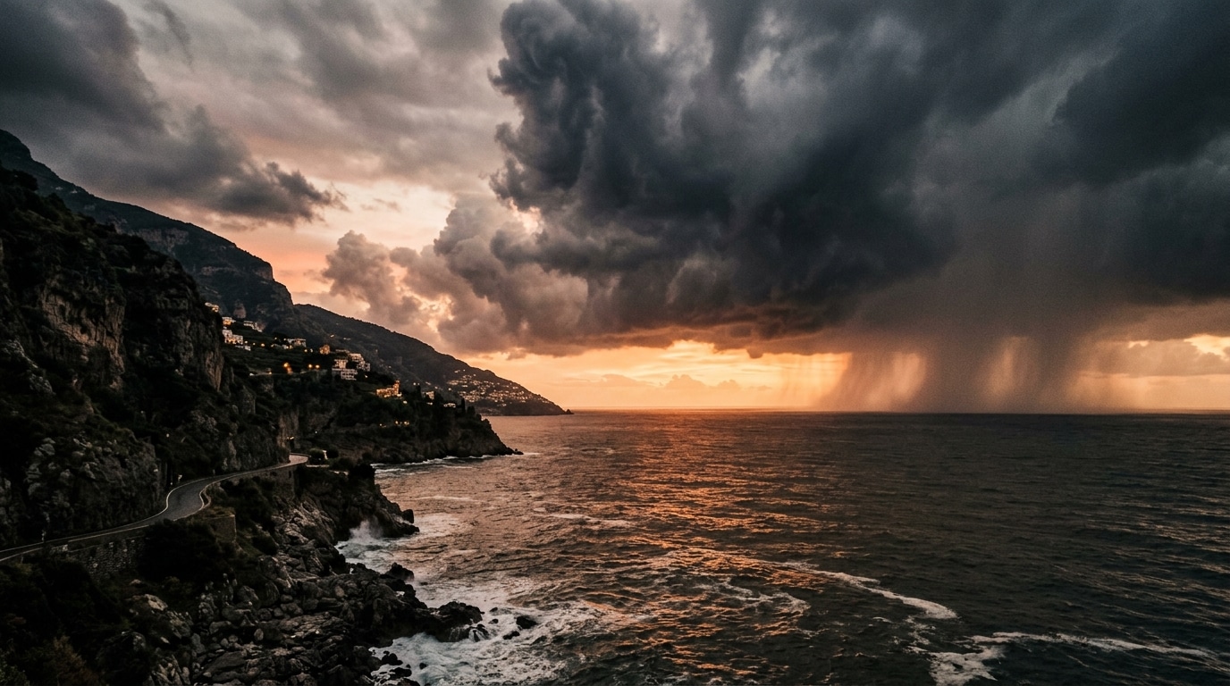 Orage menaçant au-dessus de la mer Méditerranée au crépuscule
