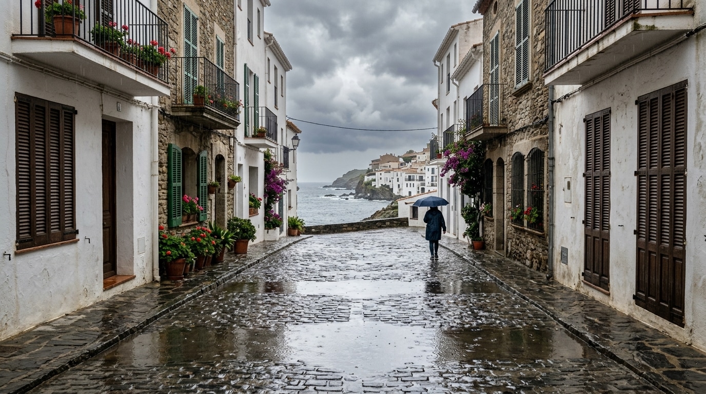 Rue de ville côtière sous une pluie naissante