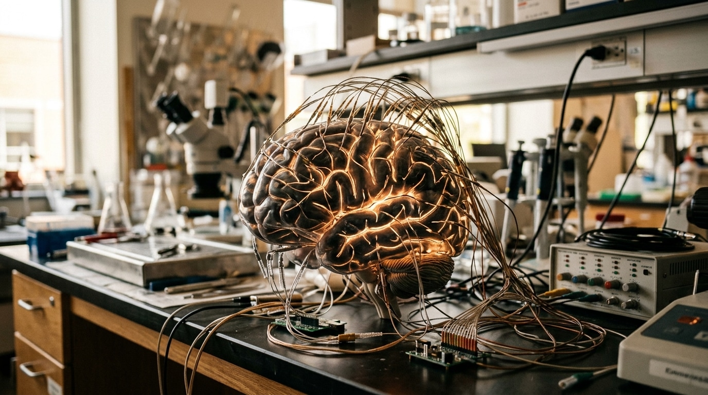 Modèle de cerveau avec électrodes dans un laboratoire de neurochirurgie