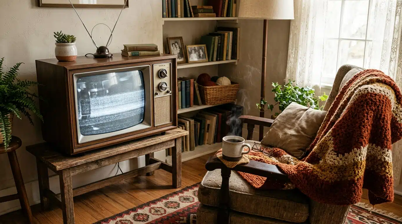 Vieux poste de télévision, tasse de café et plaid