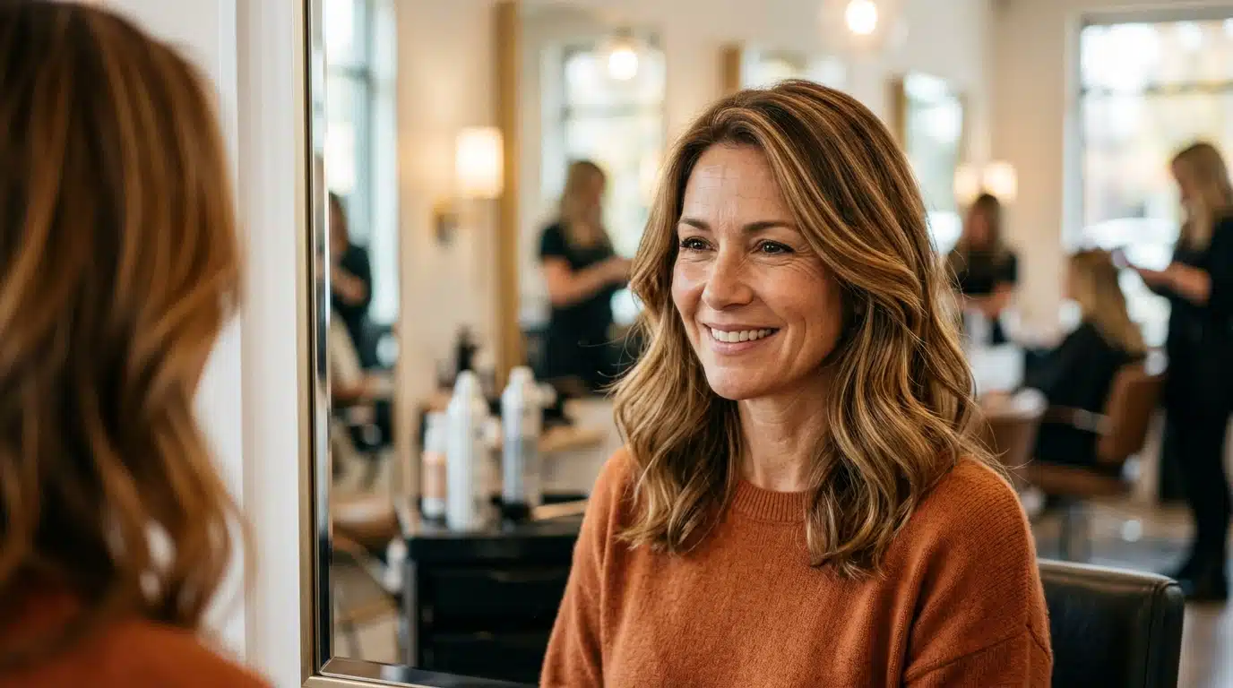 Femme quadragénaire aux cheveux châtain miel et caramel, souriante