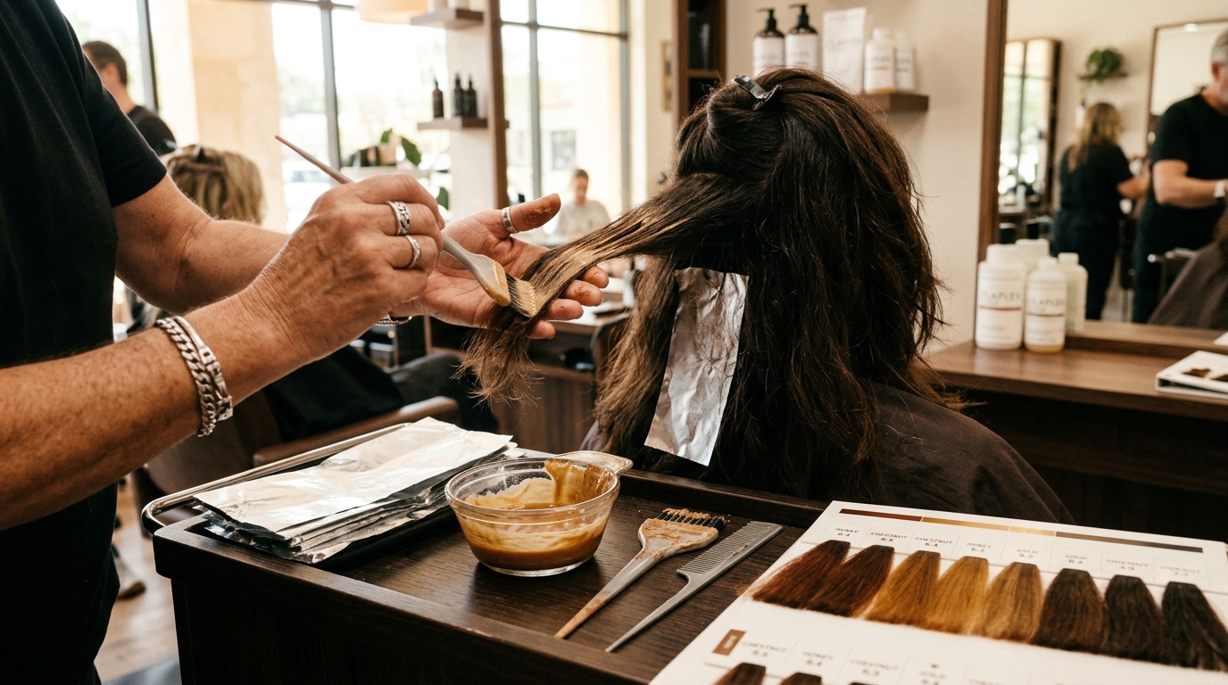 Mains de coiffeur appliquant un balayage caramel sur cheveux châtains