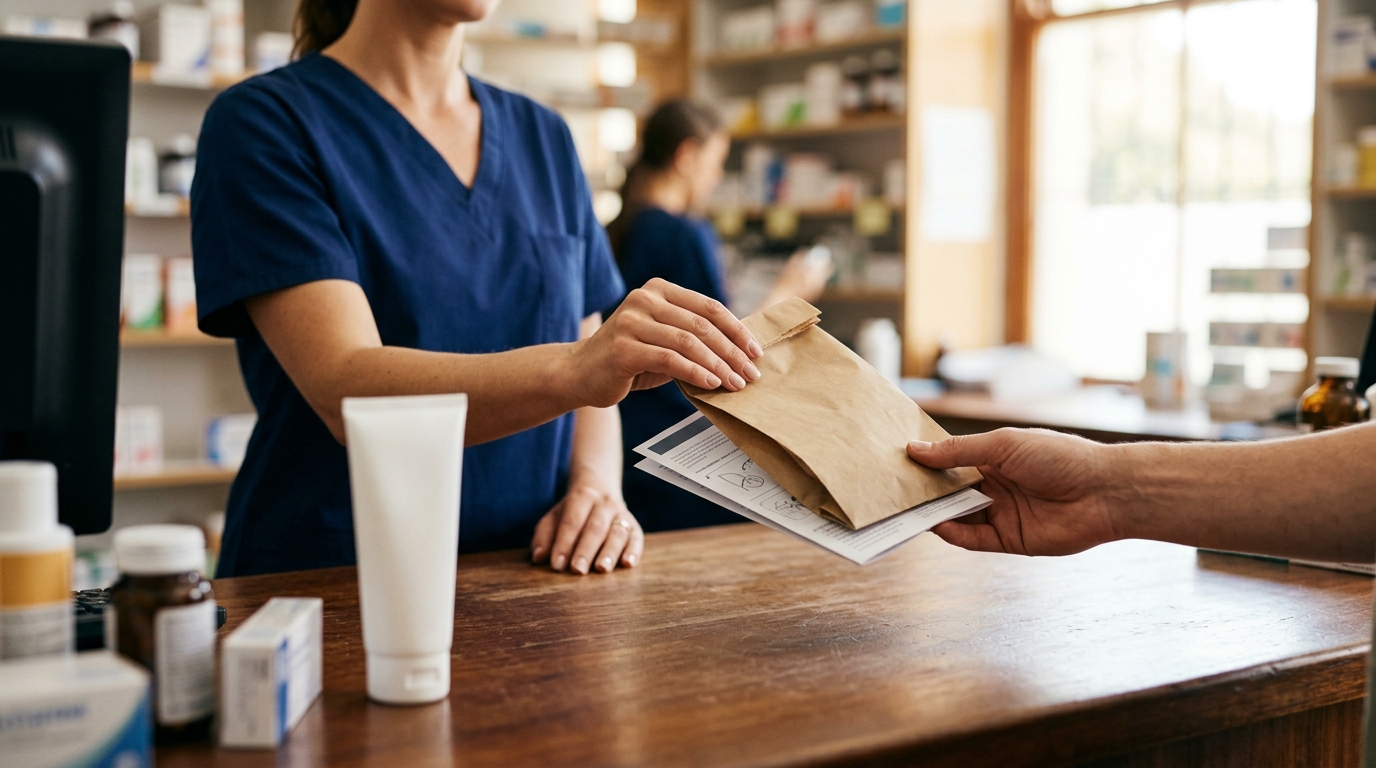 Pharmacien remettant un sachet et une notice au comptoir