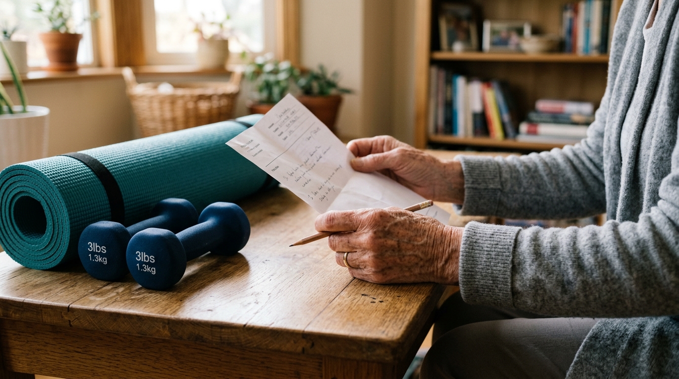 Mains de senior, ordonnance, tapis de yoga et haltères