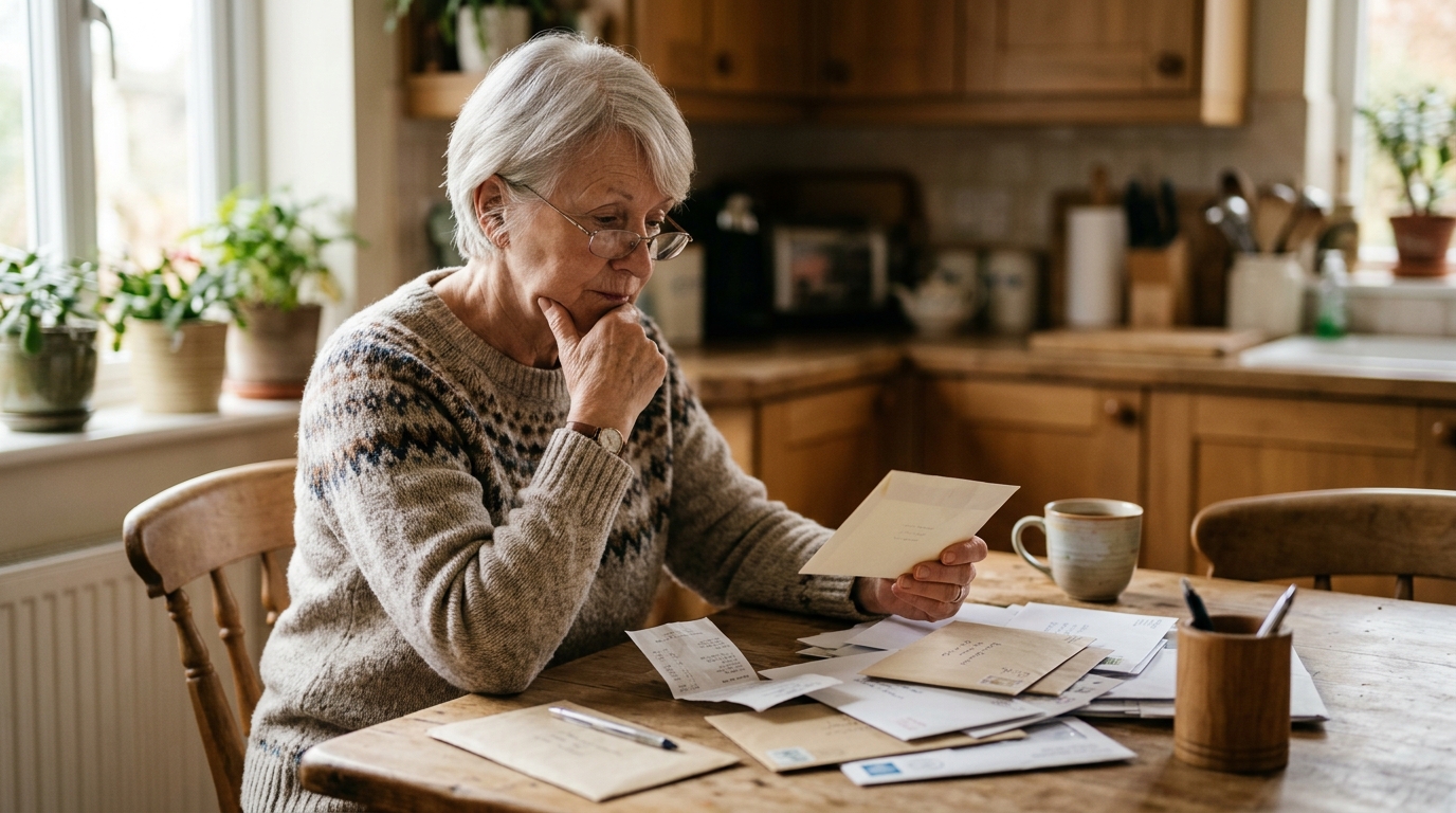 Senior perplexe triant enveloppes et ticket de caisse