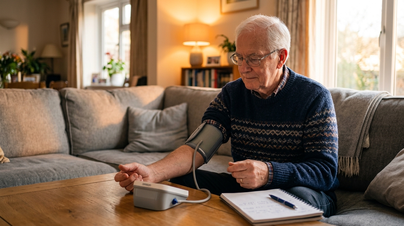 Senior prenant sa tension à domicile avec un tensiomètre
