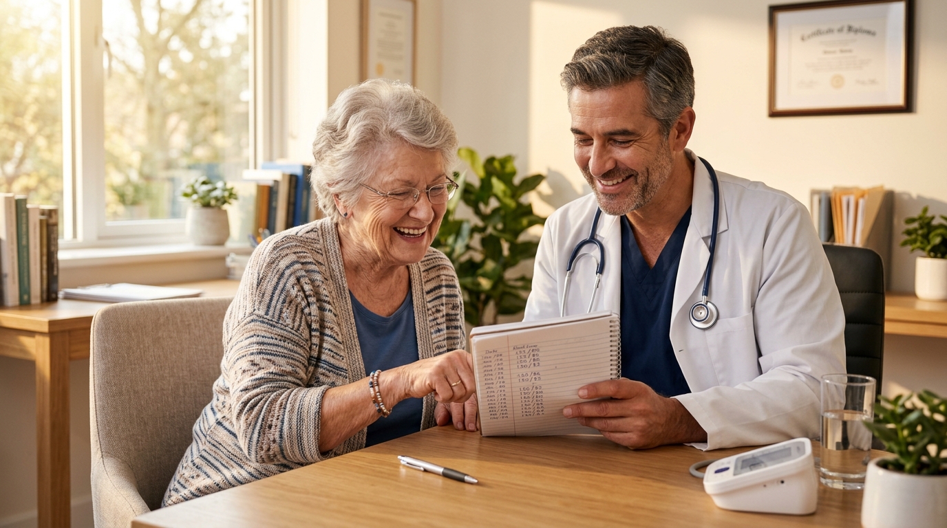 Médecin consultant un carnet de tension avec un patient