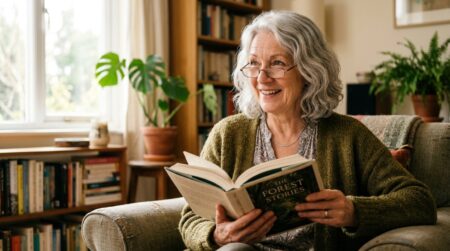 Femme senior aux cheveux argentés souriante, livre ouvert