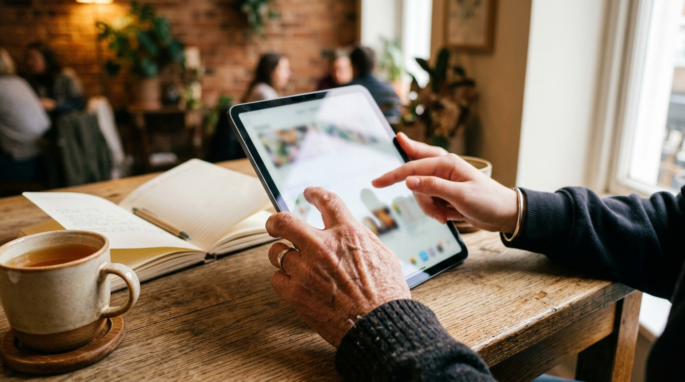 Mains d'un senior et d'un jeune autour d'une tablette