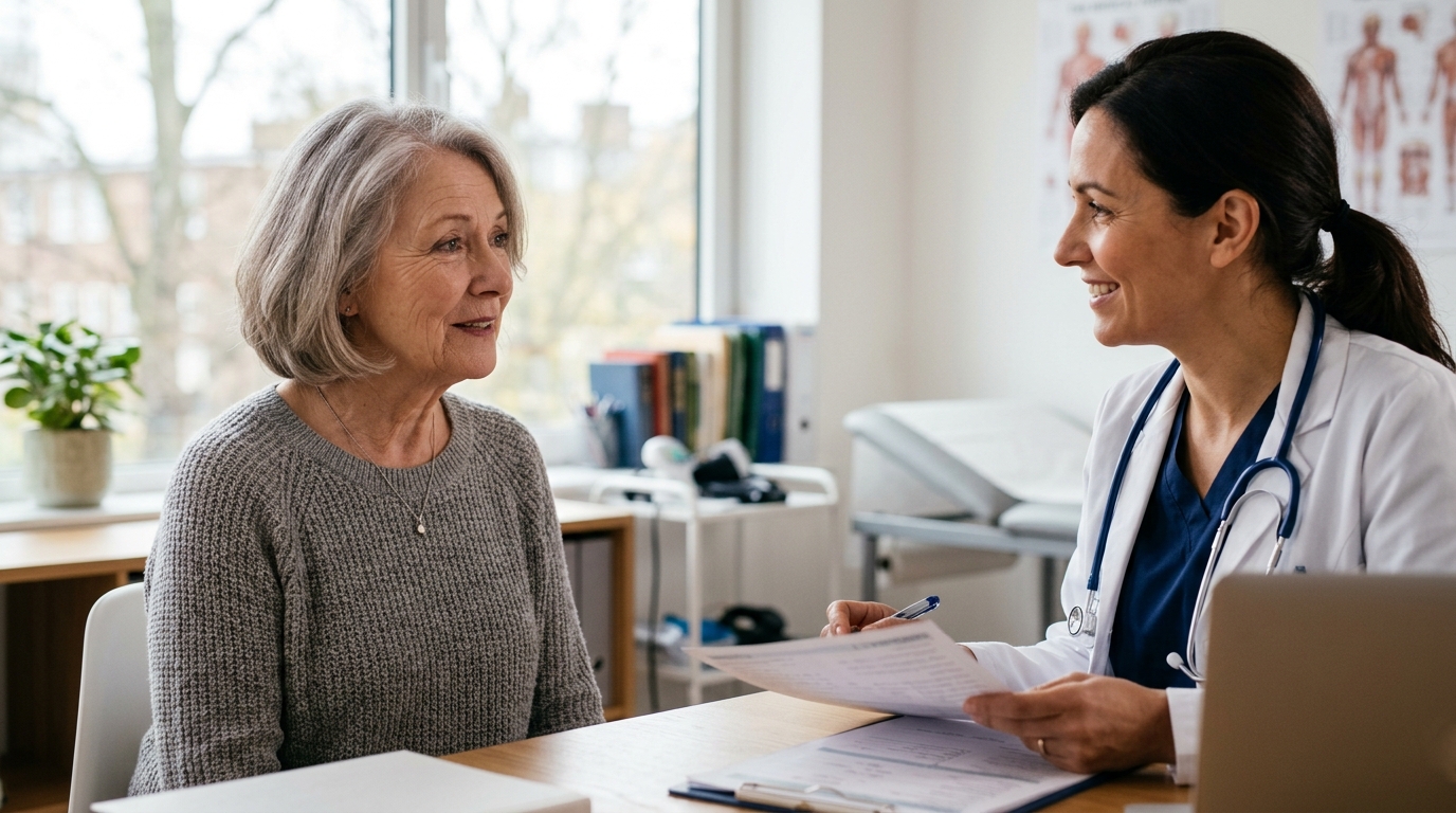 Femme senior soulagée en consultation chez son médecin