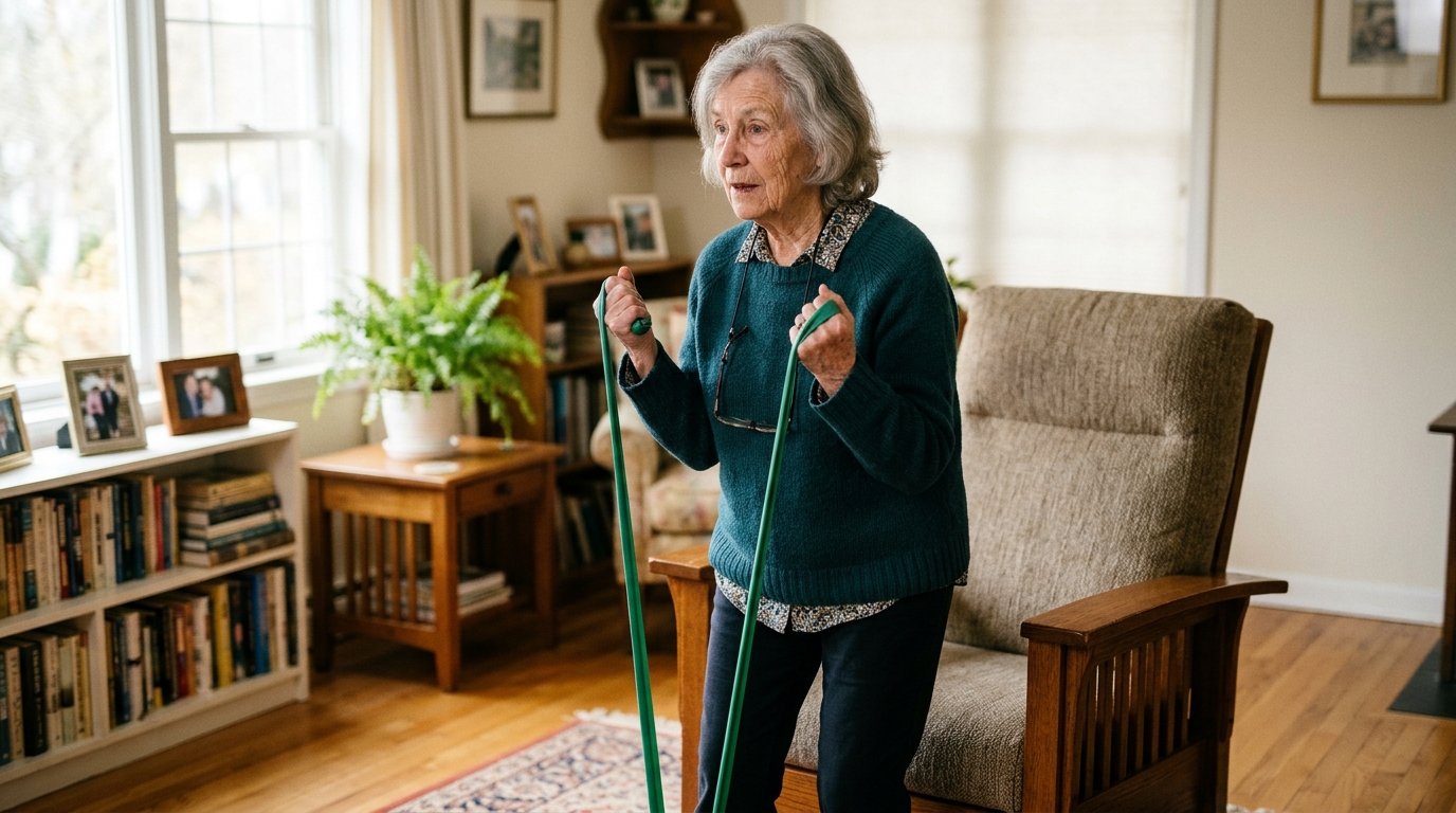 Senior déterminé tenant un élastique dans son salon
