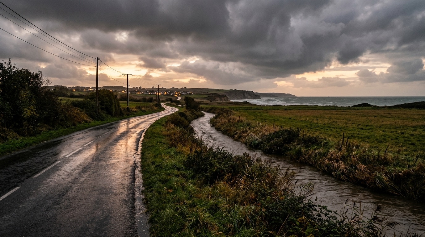 Route côtière détrempée et rivière gonflée sous un ciel gris