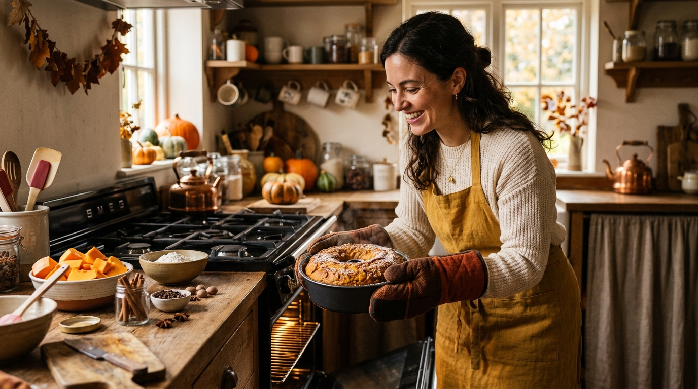 Femme sortant un gâteau à la citrouille du four