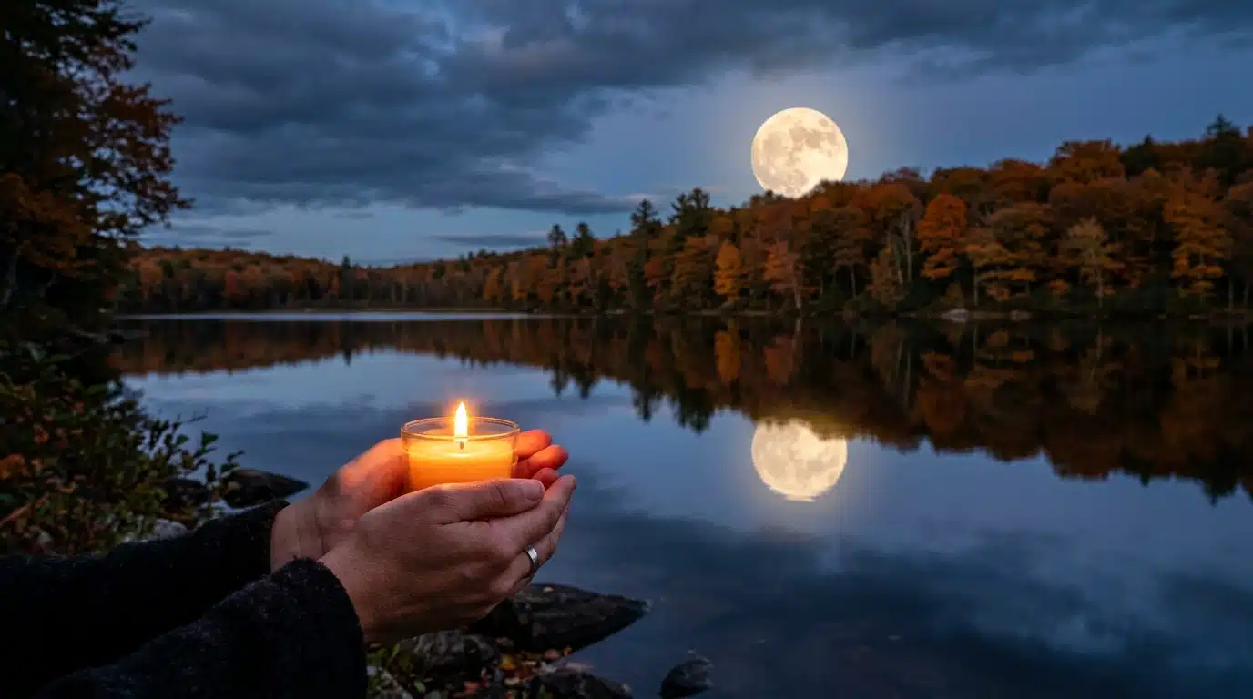 Pleine lune sur un lac et bougie tenue entre les mains