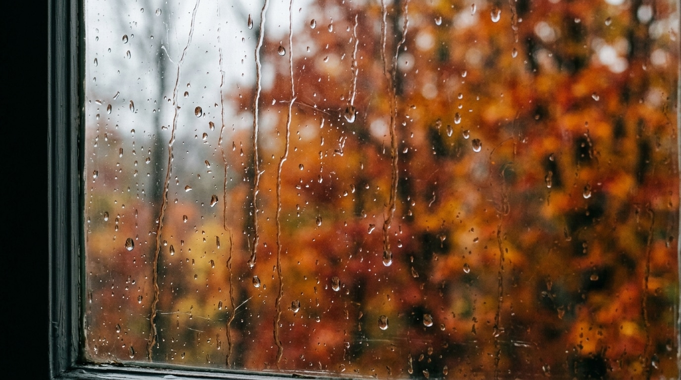Gouttes de pluie sur une vitre devant des arbres roux