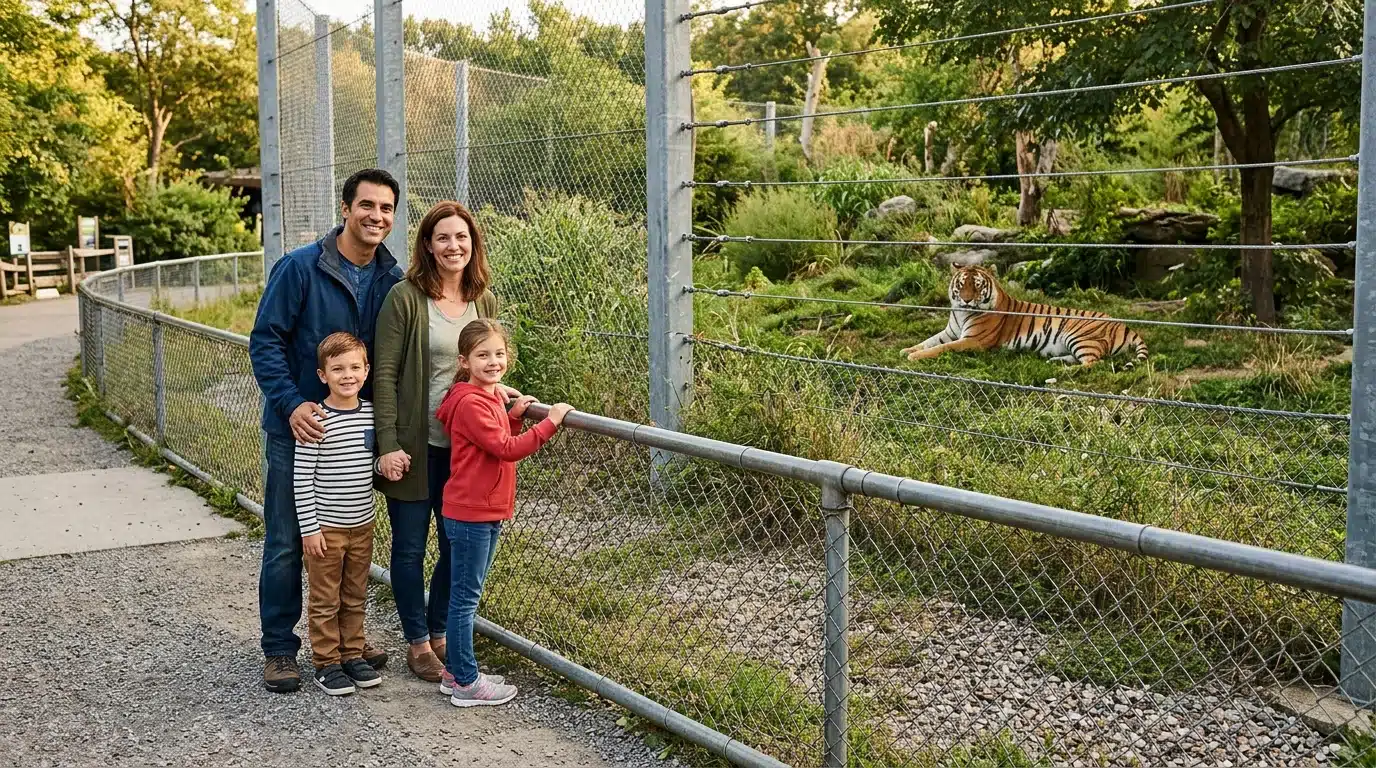 Famille observant un tigre derrière une double barrière