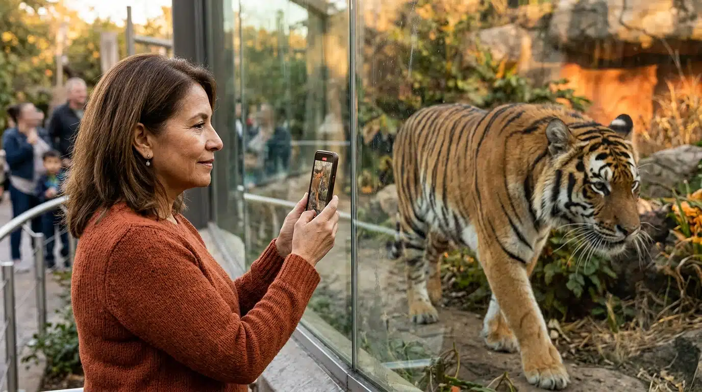 Visiteur filmant un tigre derrière une vitre épaisse