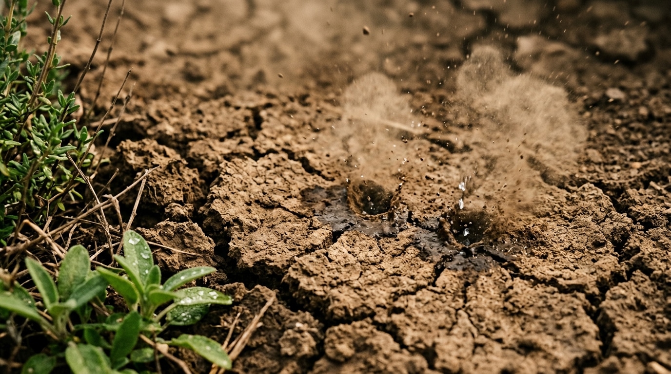 Premières gouttes de pluie sur une terre craquelée