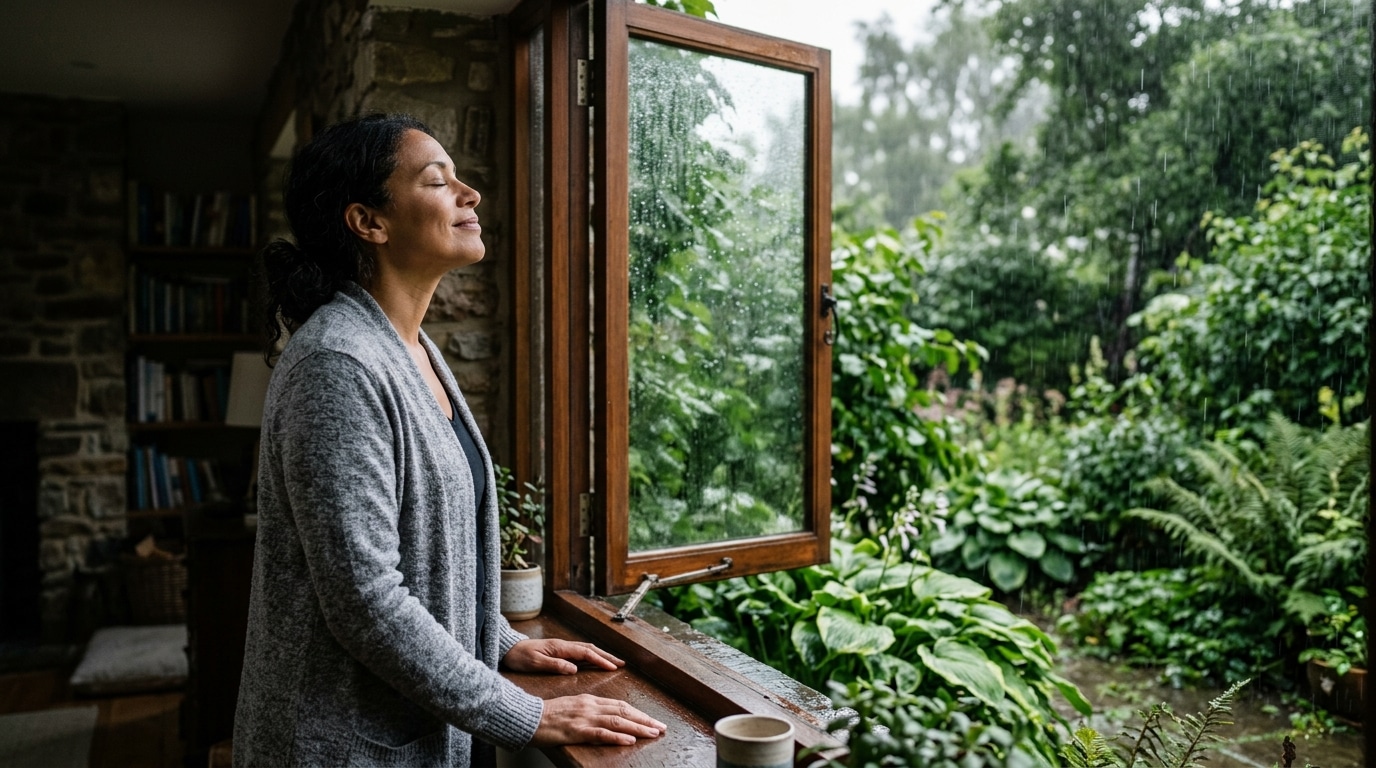 Femme respirant la pluie à sa fenêtre, yeux fermés