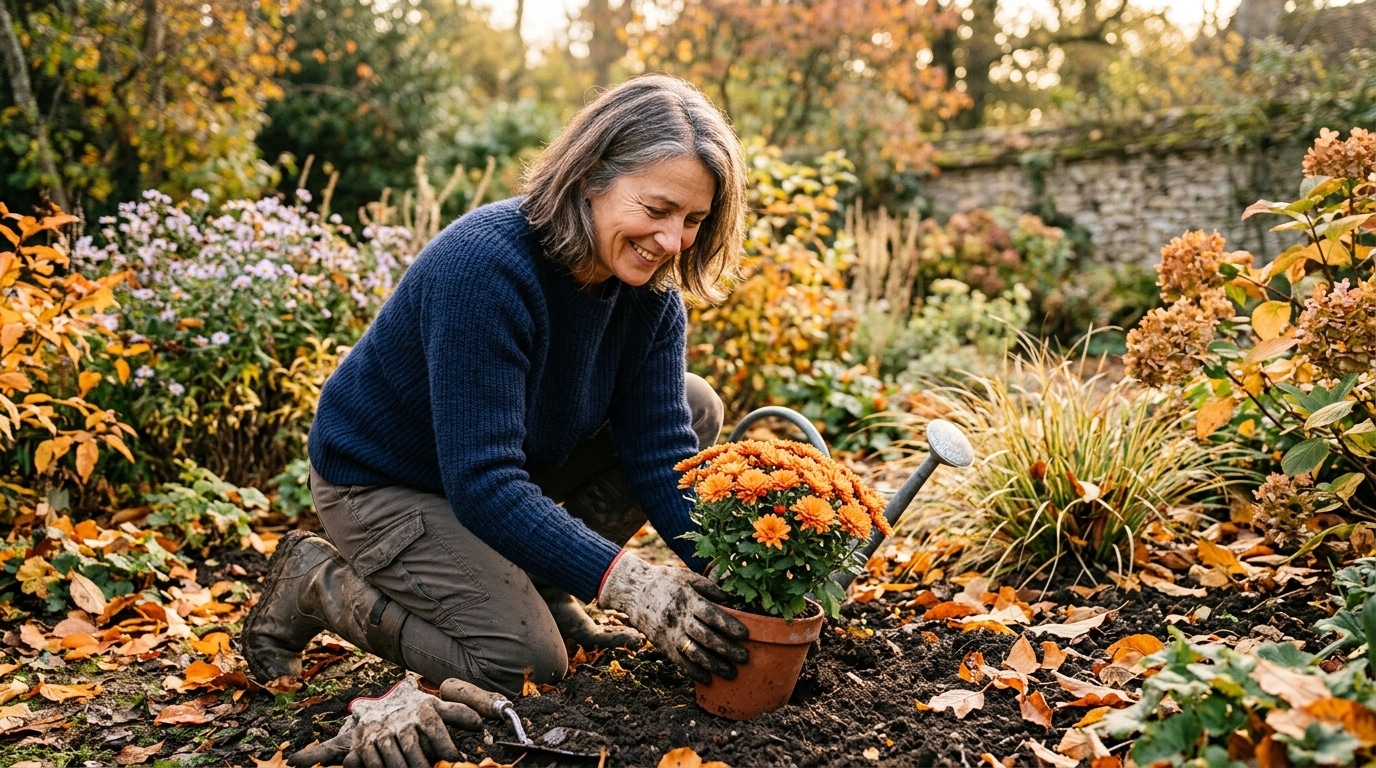 Femme plantant un chrysanthème en pot au jardin