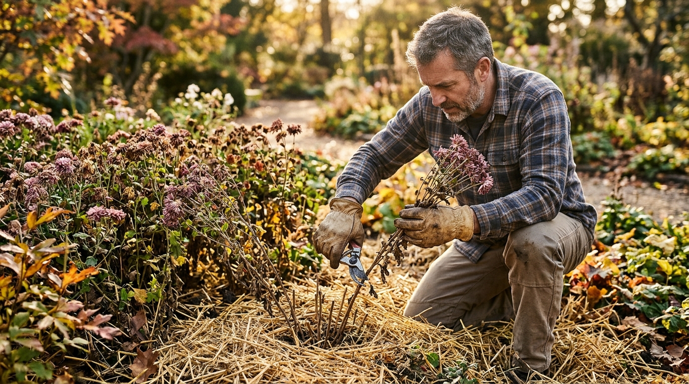 Taille des tiges de chrysanthème fanées au sécateur