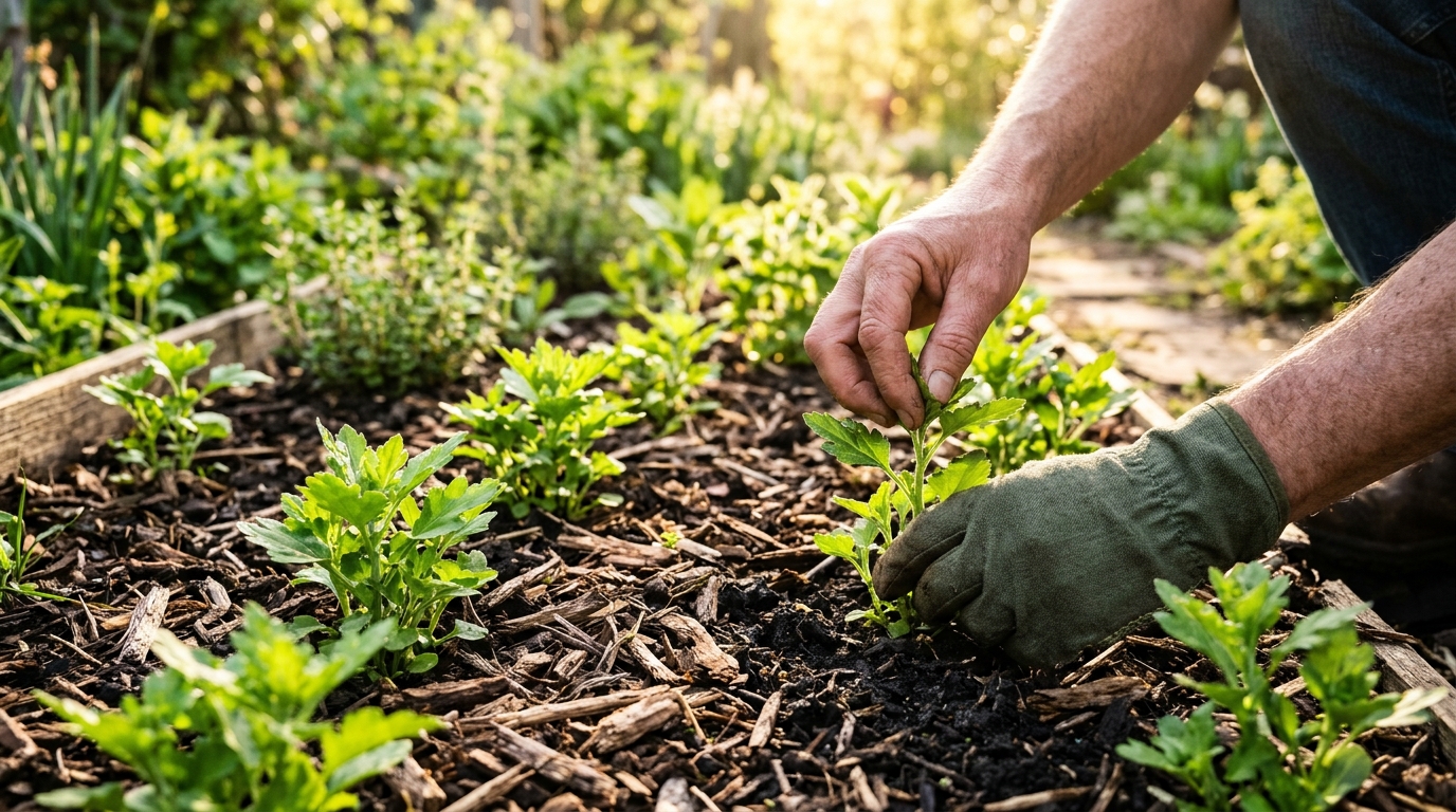 Jeunes pousses de chrysanthème au printemps