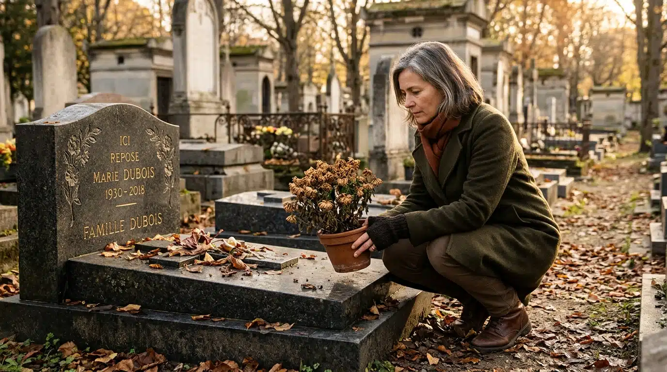 Femme retirant un chrysanthème fané d'une tombe