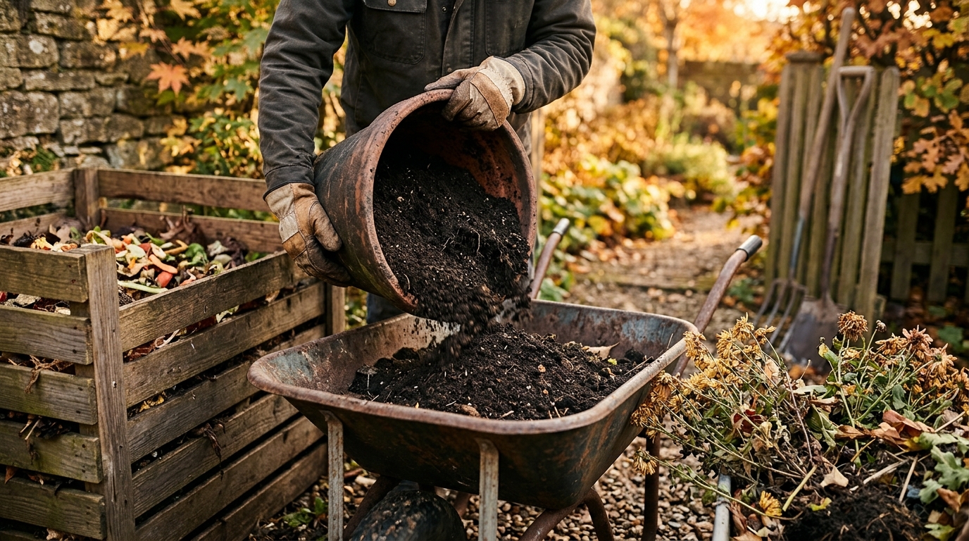 Mains de jardinier vidant la terre d'un pot