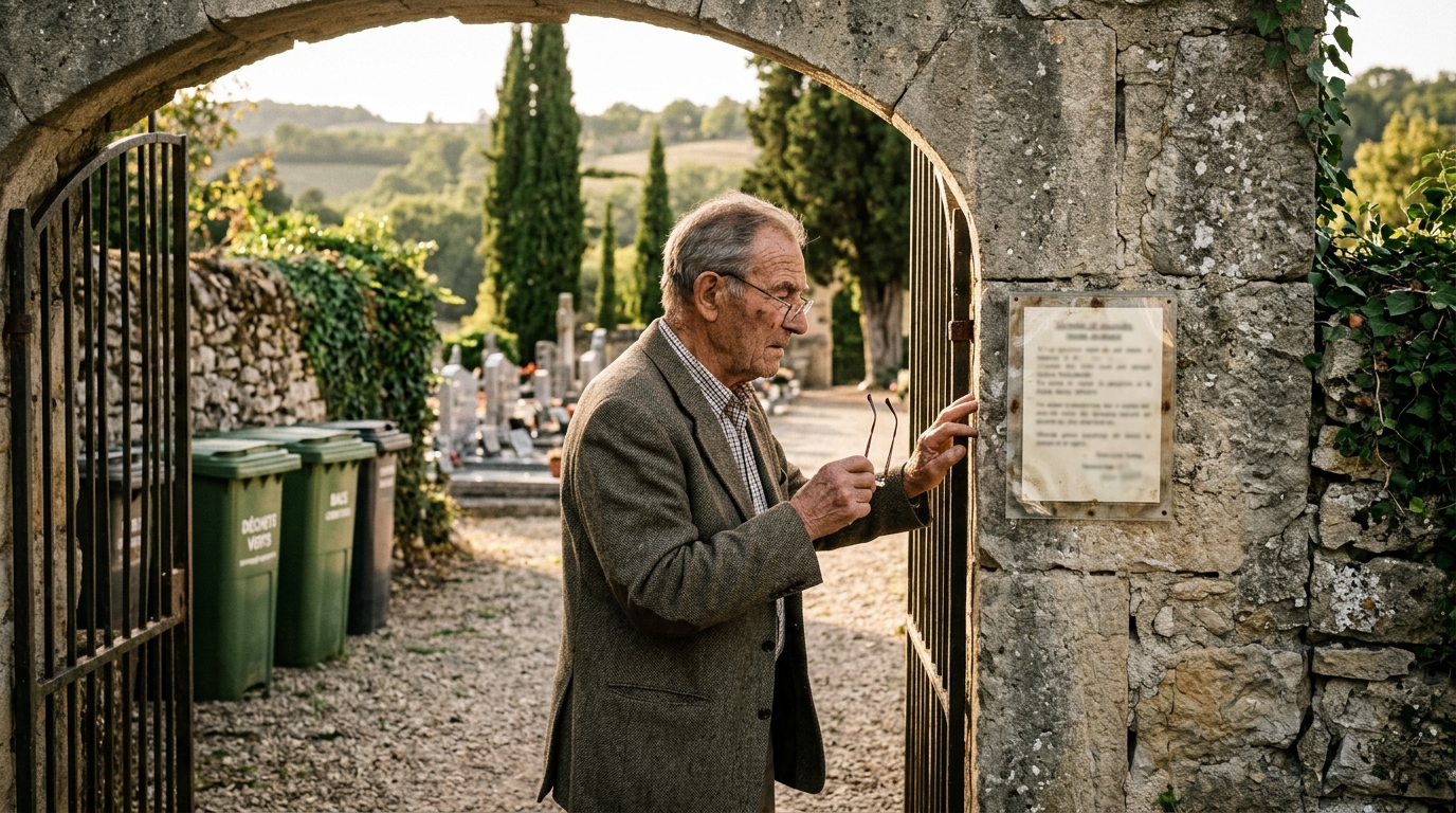 Homme lisant le règlement à l'entrée du cimetière