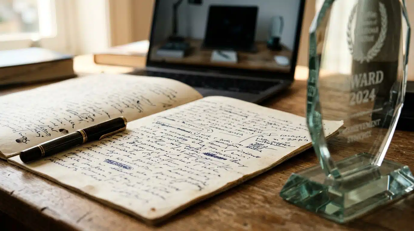 Manuscrit, stylo plume et trophée flou sur un bureau