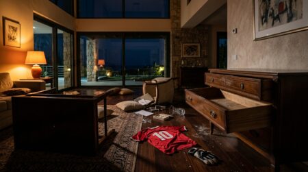 Salon d'une villa fouillé la nuit avec maillot de foot au sol