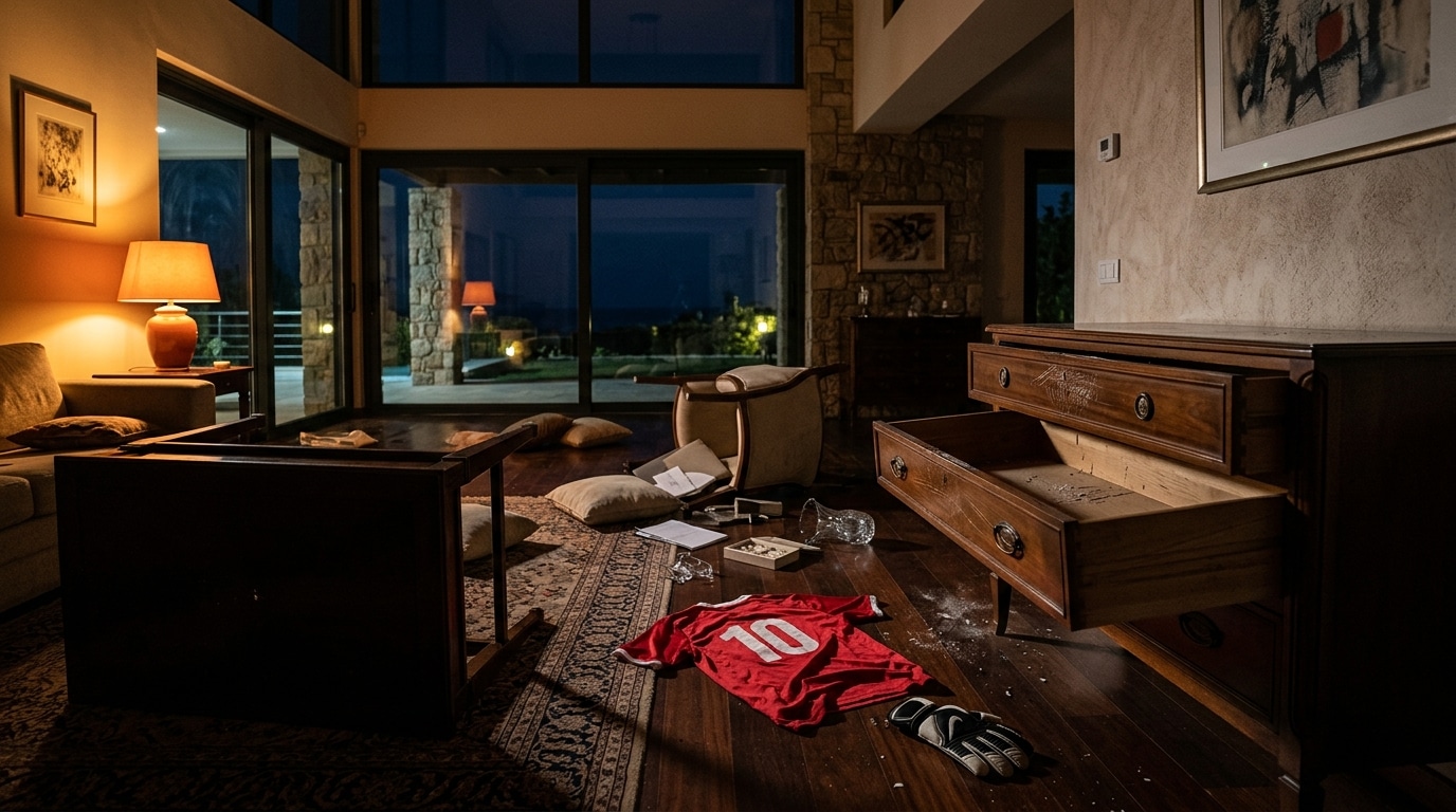 Salon d'une villa fouillé la nuit avec maillot de foot au sol