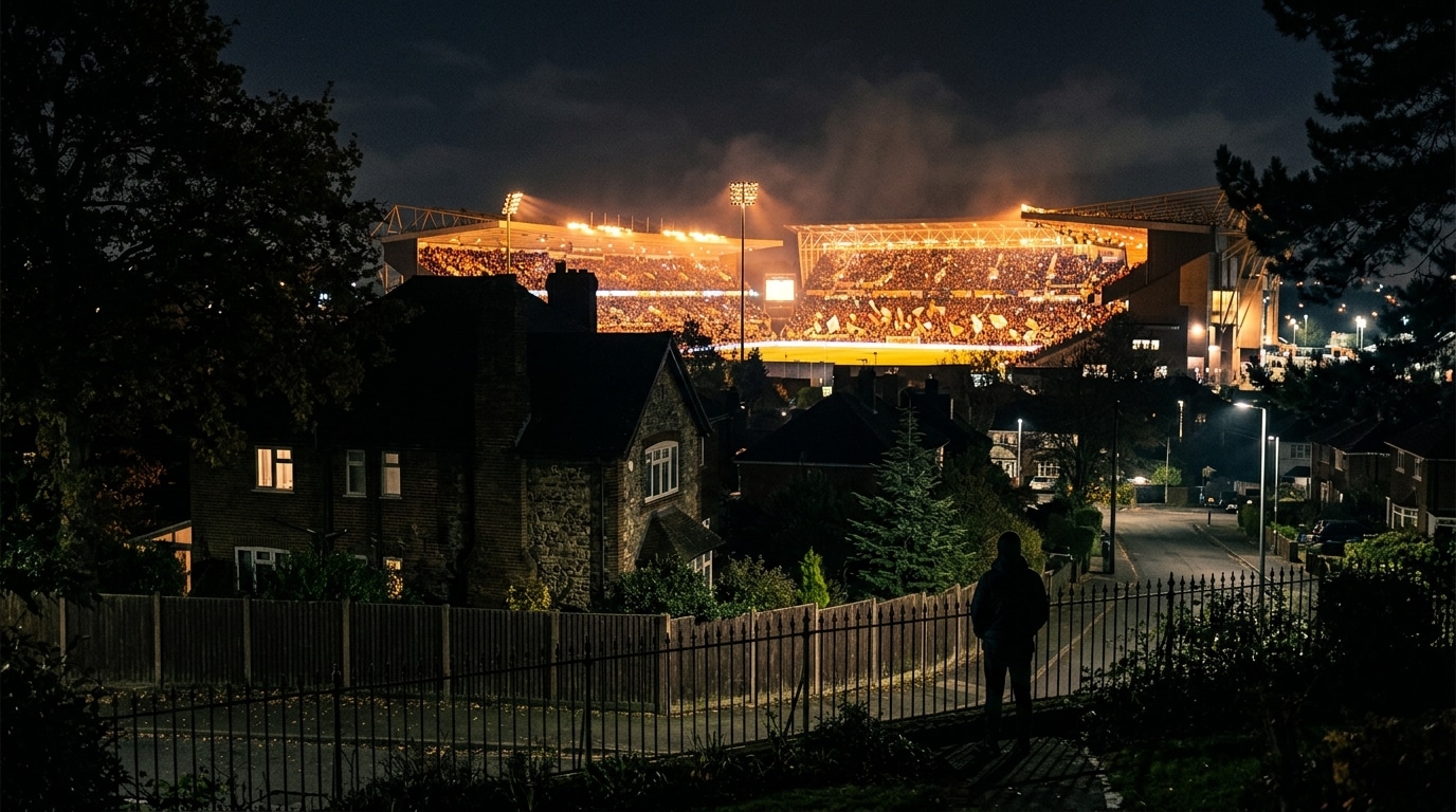 Stade illuminé le soir de match et villa sombre au premier plan