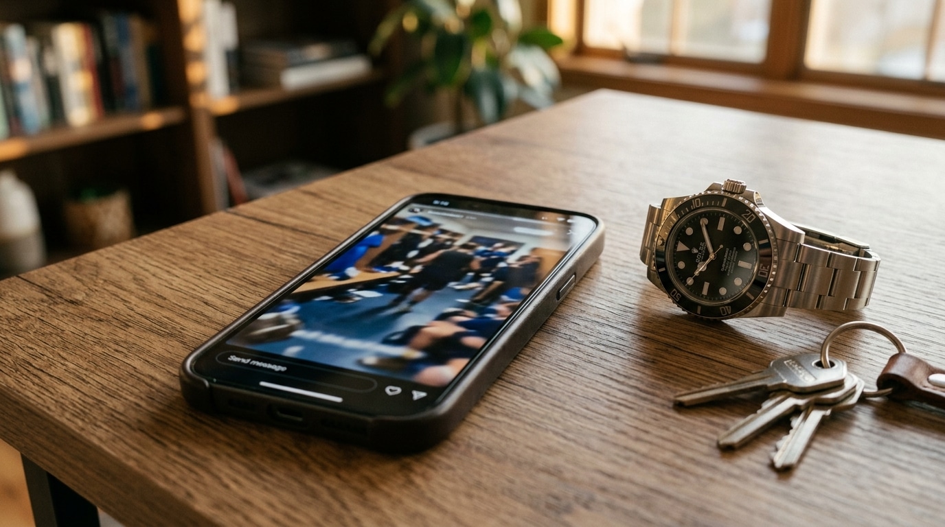 Smartphone avec story de vestiaire et montre de luxe sur une table