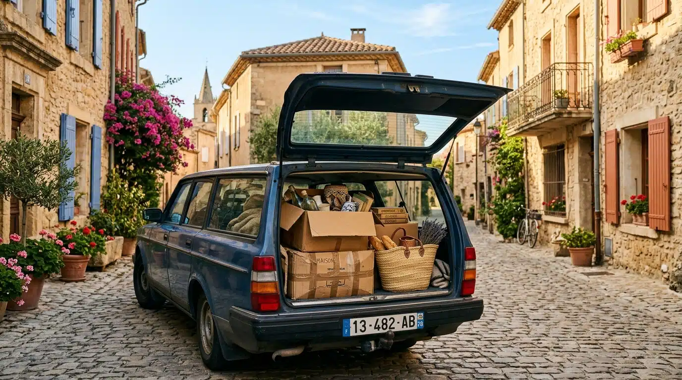 Cartons chargés dans un coffre de voiture sous le soleil méditerranéen