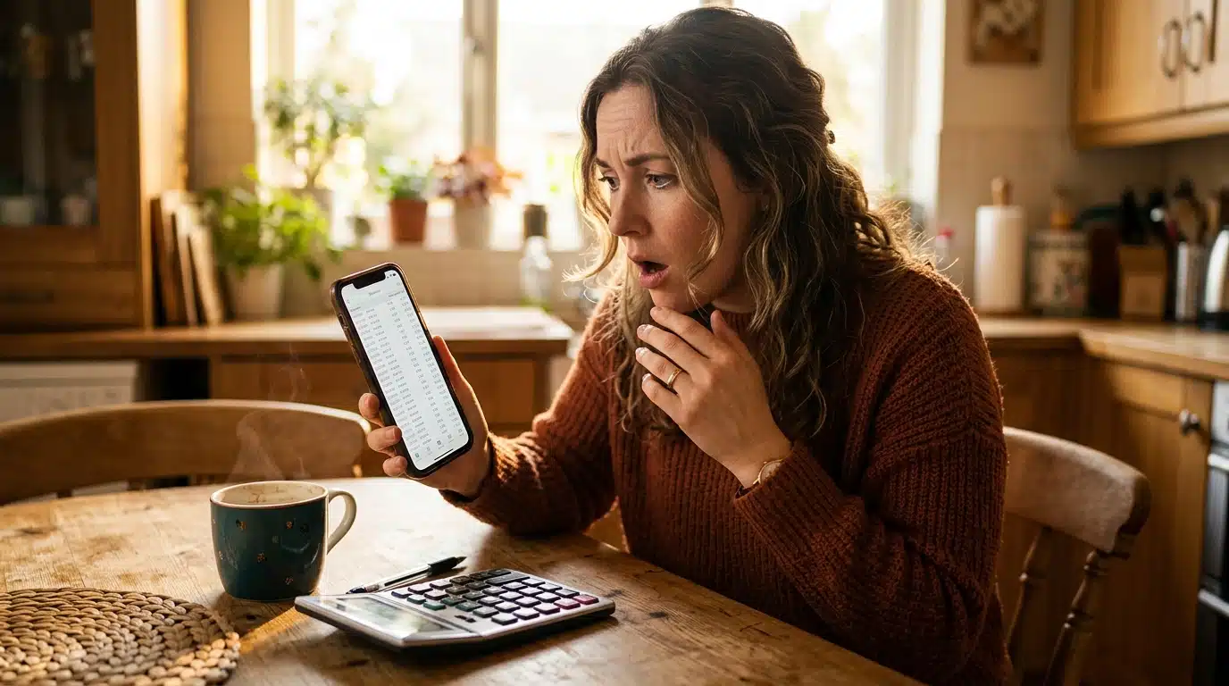 Femme surprise devant son relevé bancaire et ses prélèvements