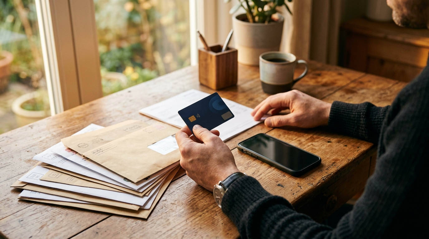 Mains tenant une carte bancaire près de factures et d'un téléphone