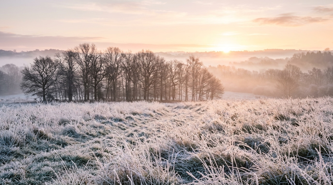 Prairie couverte de givre au lever du soleil