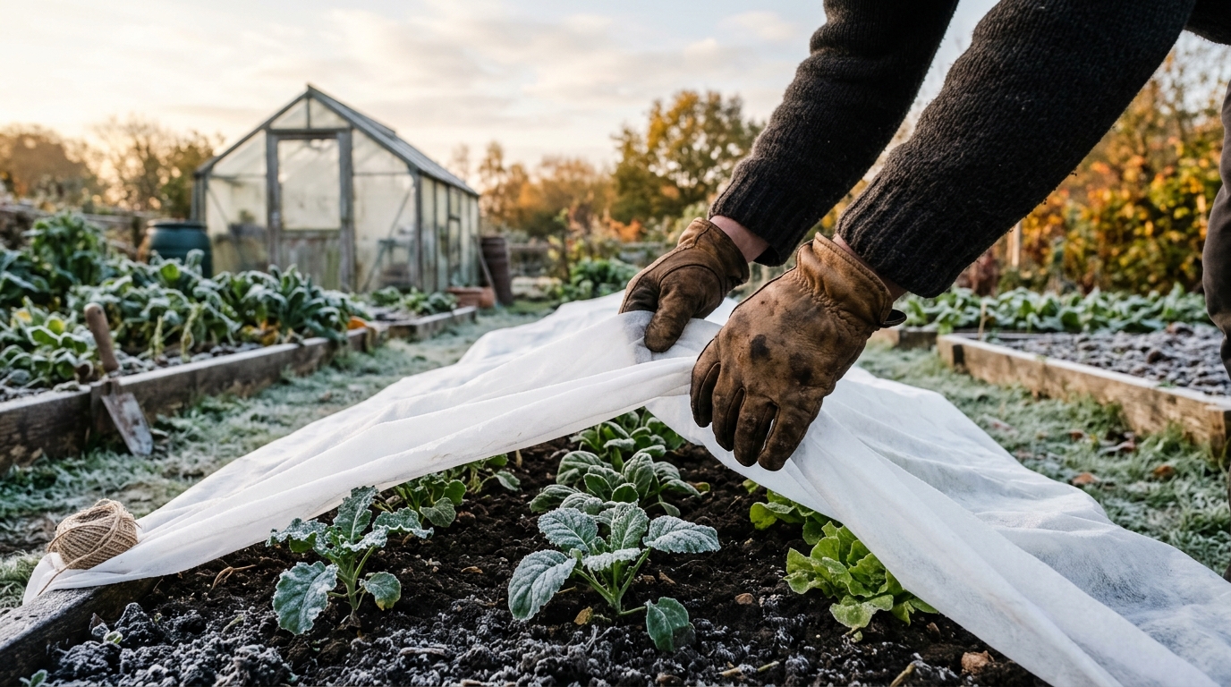 Mains gantées protégeant des plants avec un voile d'hivernage