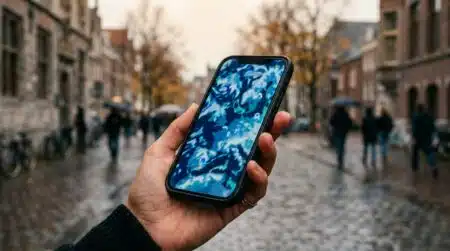 Smartphone affichant une carte météo bleue dans une rue d'automne