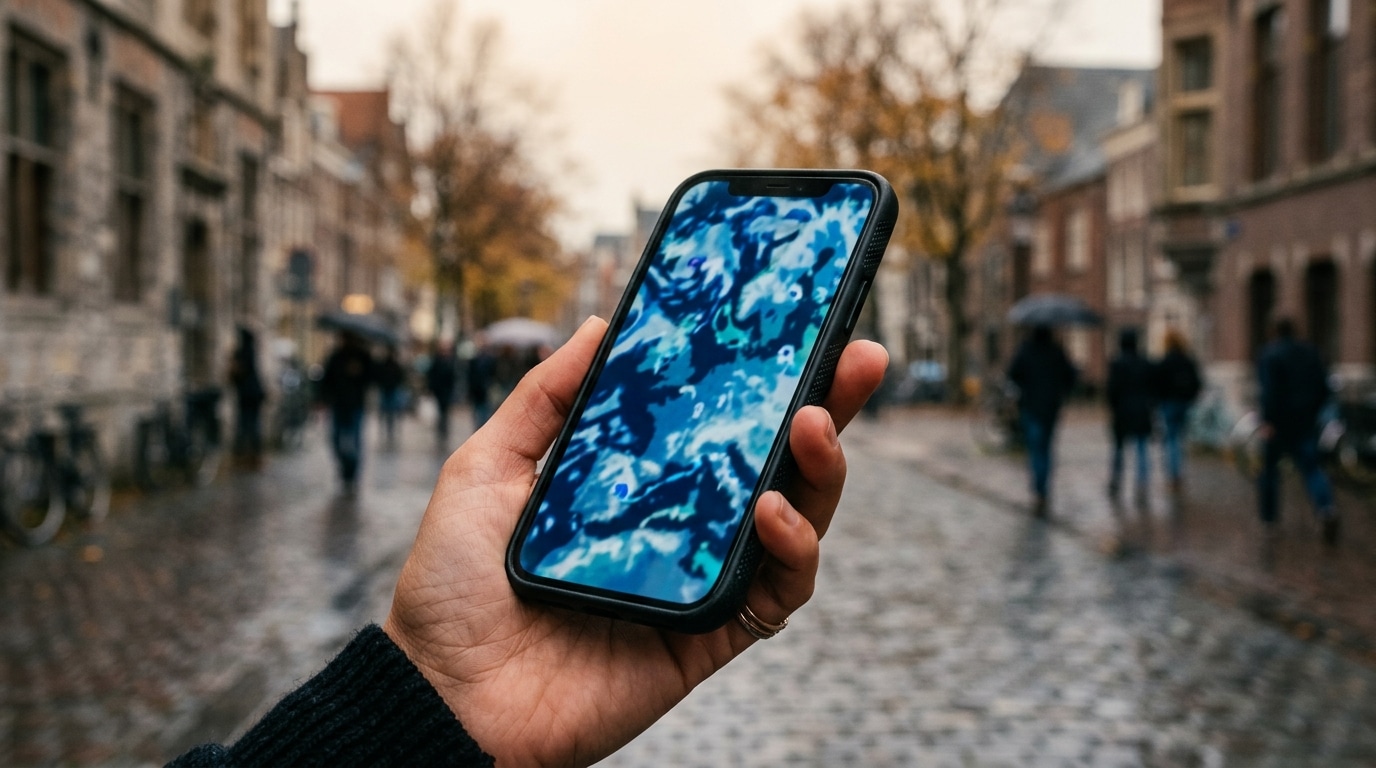 Smartphone affichant une carte météo bleue dans une rue d'automne