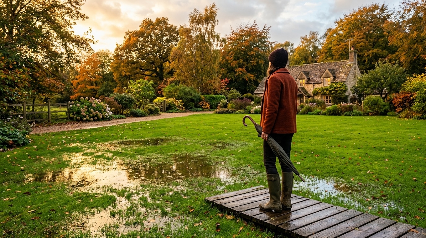 Femme en bottes devant une pelouse détrempée après l'orage