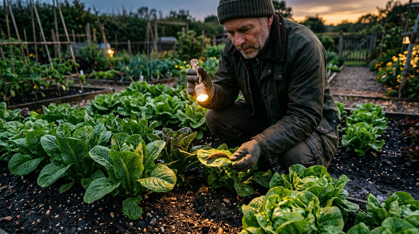 Jardinier inspectant une salade avec une lampe à la nuit tombée