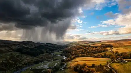Ciel d'automne coupé entre nuages de pluie et éclaircie