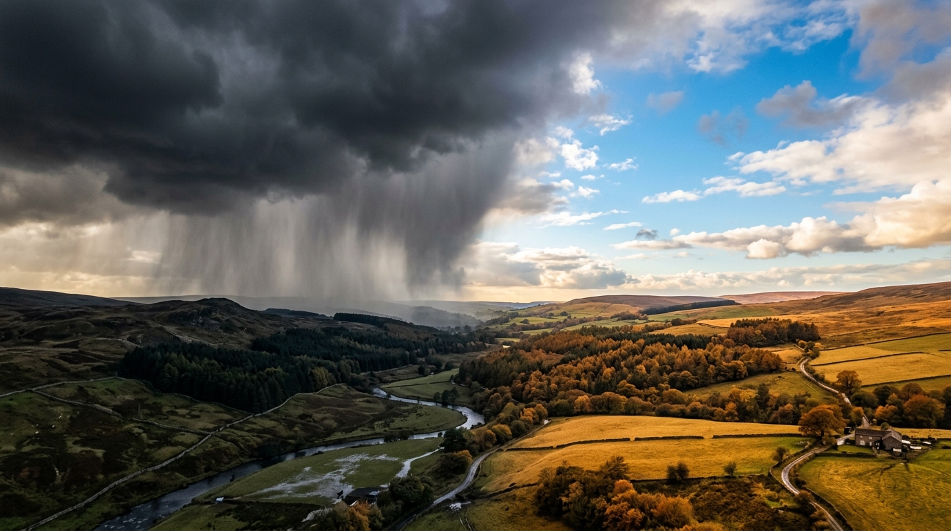 Ciel d'automne coupé entre nuages de pluie et éclaircie