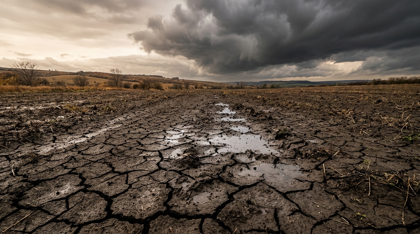 Sol craquelé sec sous les premières gouttes de pluie