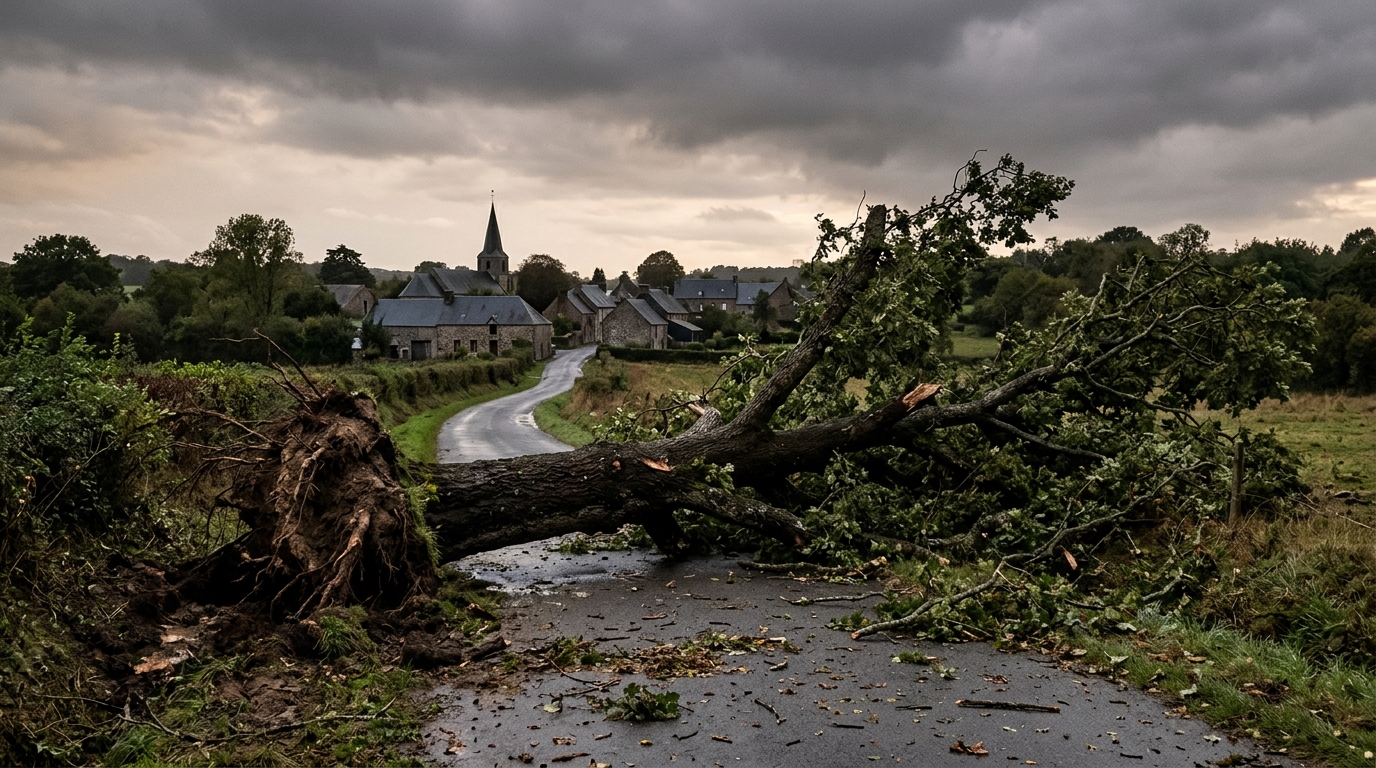 Arbre déraciné en travers d'une route de campagne