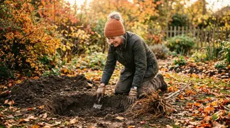Jardinier devant un large trou de plantation en automne
