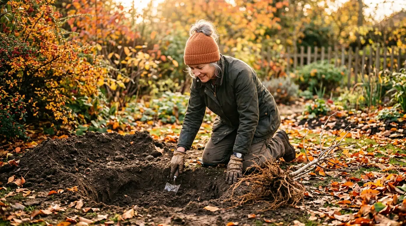 Jardinier devant un large trou de plantation en automne