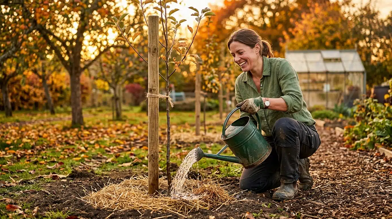 Arrosage d'un arbre fruitier tout juste planté et paillé